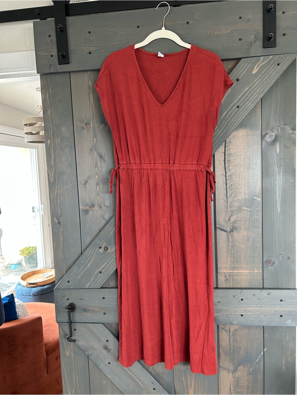 Old Navy Rust Red V-Neck Midi Dress with Waist Tie